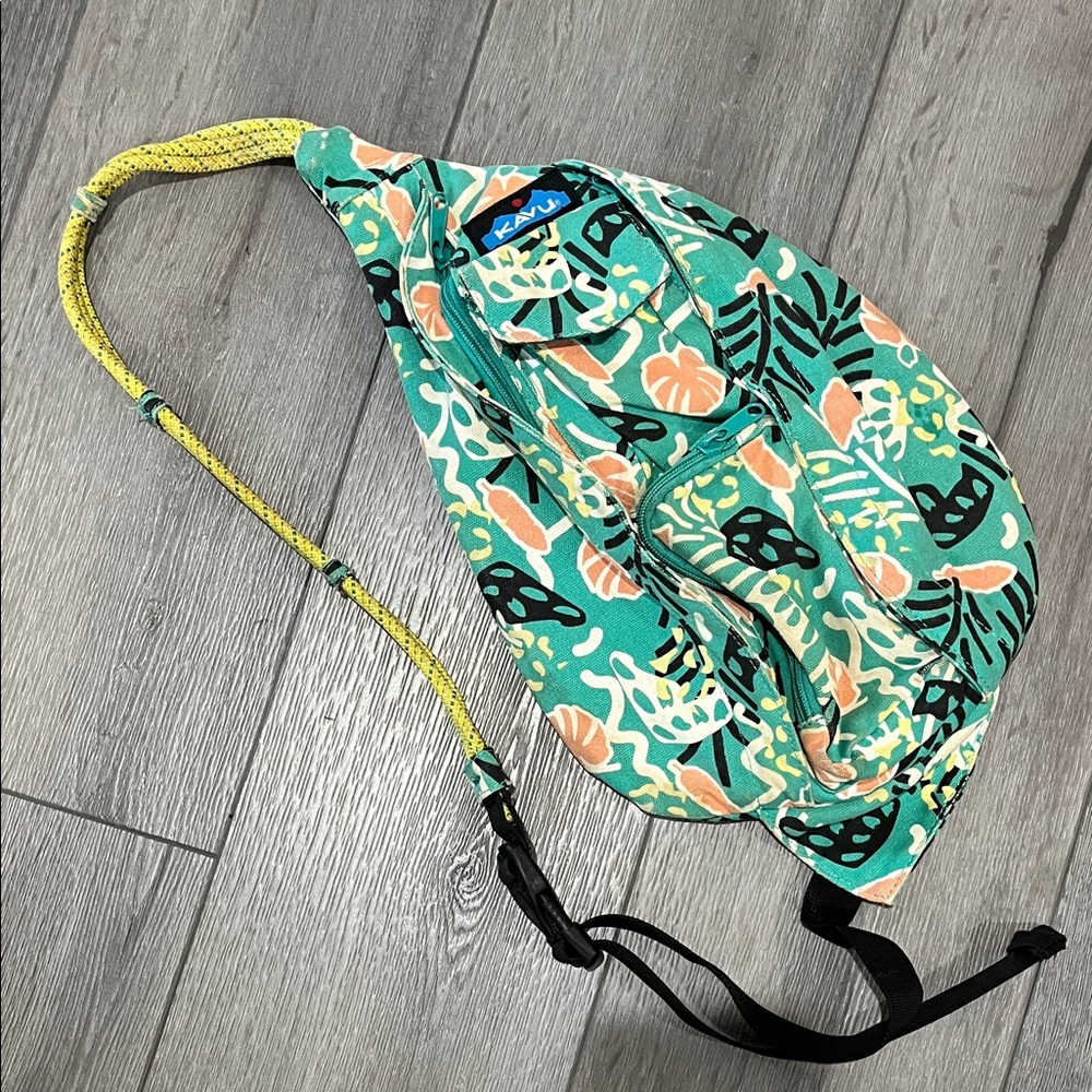 Kavu Mini Teal Tropical Rope Sling Bag with Peach Accents